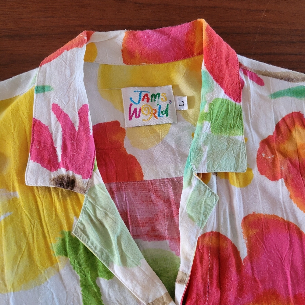 Jams World Top Pants Set Button Shirt Wide Leg Colorful Floral Farkas Womens L - Picture 3 of 12